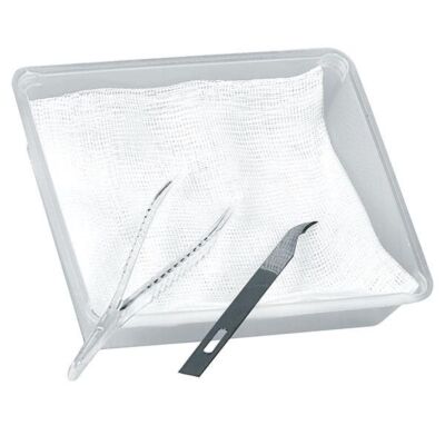 Fadenziehset steril 4-teilig mit Mullkompresse, Fadenmesser, Einwegpinzette und Auffangschale