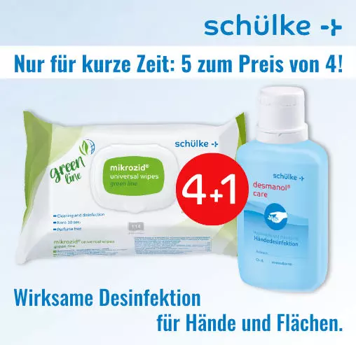 Aktion 4 plus 1 - Schülke desmanol® car und Schülke mikrozid® universal wipes green line